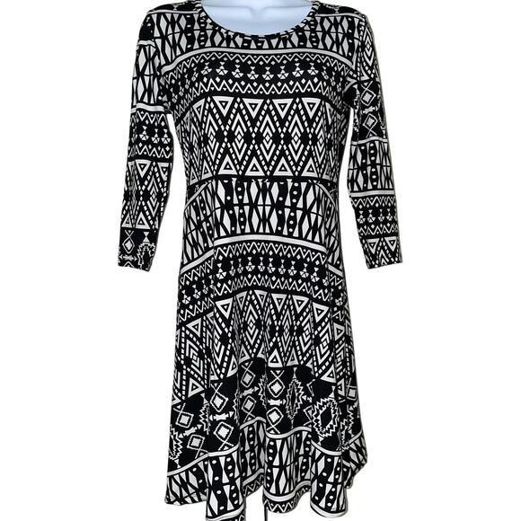 Deb 3/4 Sleeve Drop Waist Geometric Print Fit & Flare Dress Stretch Womens Sz M - Picture 1 of 8